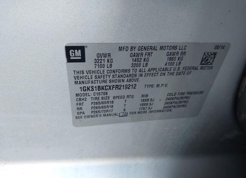 Photo 9 of 2015 Gmc Yukon SLT (VIN 1GKS1BKCXFR219212)