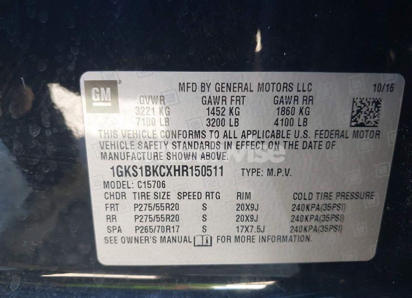 Photo 9 of 2017 Gmc Yukon SLT (VIN 1GKS1BKCXHR150511)