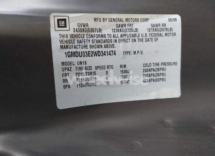 Photo 9 of 1998 Pontiac Trans SPORT (VIN 1GMDU03E2WD341474)