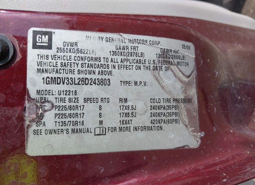 Photo 9 of 2006 Pontiac Montana SV6 (VIN 1GMDV33L26D243803)
