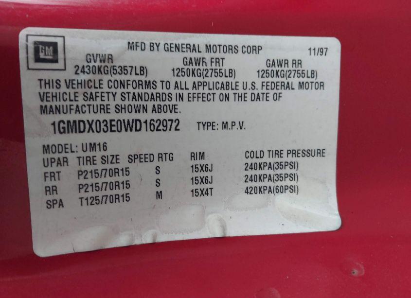 Photo 9 of 1998 Pontiac Trans SPORT (VIN 1GMDX03E0WD162972)