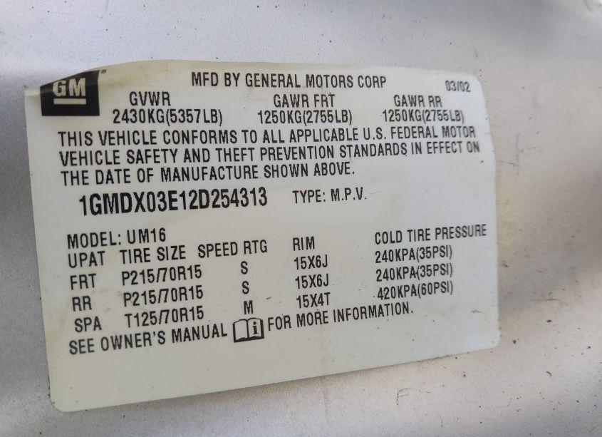 Photo 9 of 2002 Pontiac Montana M16 W/1SA PKG. (VIN 1GMDX03E12D254313)