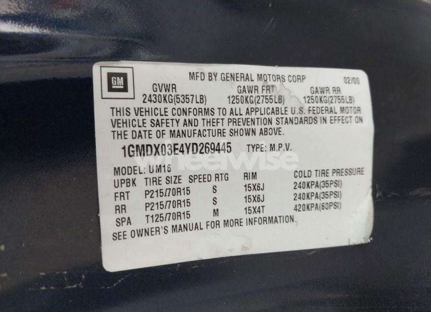 Photo 9 of 2000 Pontiac Montana M16 (VIN 1GMDX03E4YD269445)