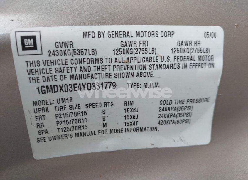 Photo 9 of 2000 Pontiac Montana M16 (VIN 1GMDX03E4YD331779)