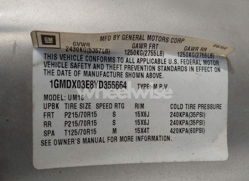 Photo 9 of 2000 Pontiac Montana M16 (VIN 1GMDX03E8YD355664)