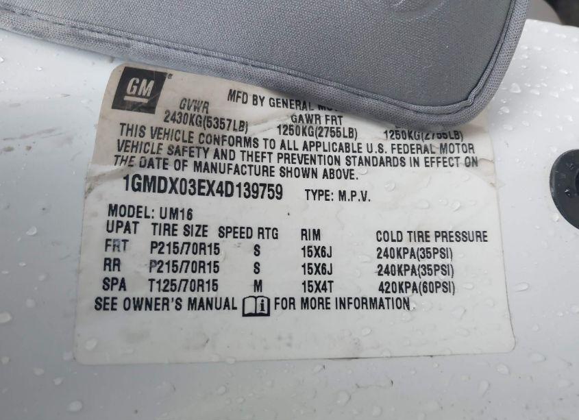 Photo 9 of 2004 Pontiac Montana M16 W/1SA PKG. (VIN 1GMDX03EX4D139759)