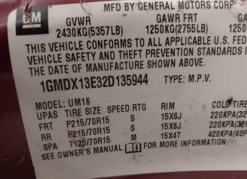 Photo 9 of 2002 Pontiac Montana M16 W/1SE PKG. (VIN 1GMDX13E32D135944)