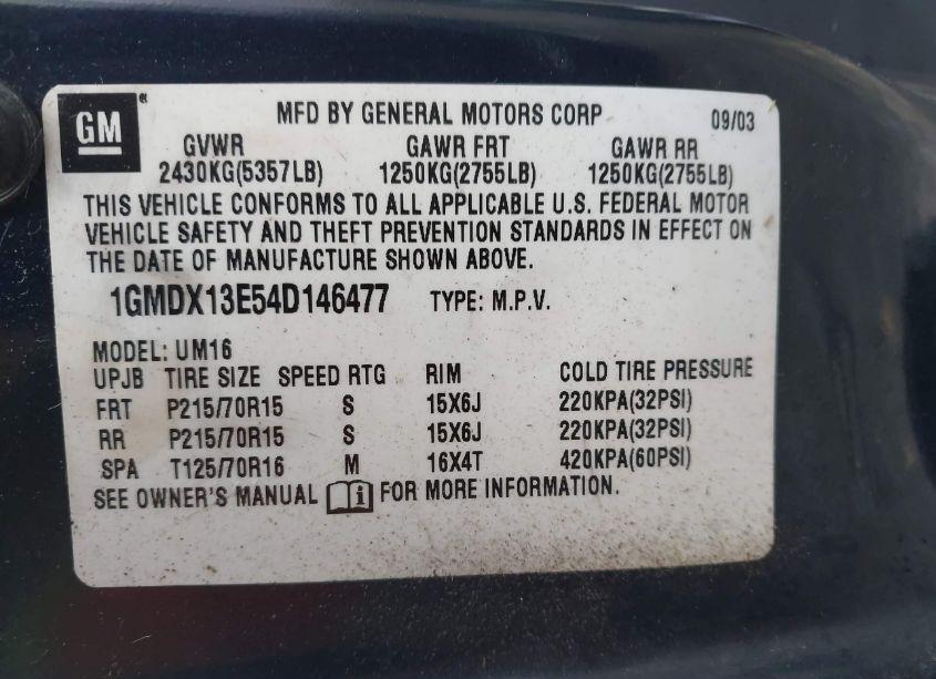 Photo 9 of 2004 Pontiac Montana M16 W/1SE PKG. (VIN 1GMDX13E54D146477)