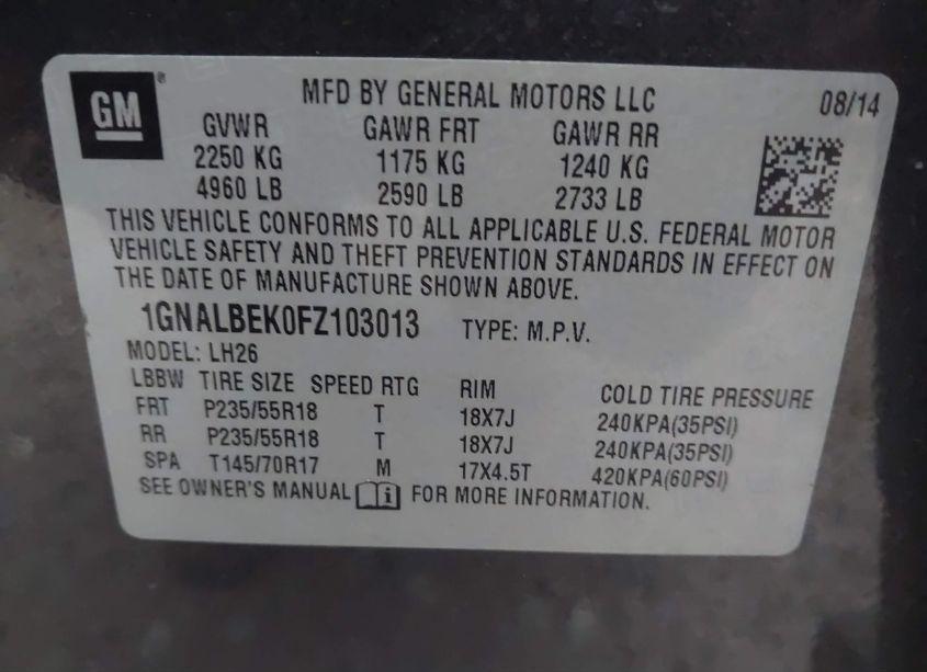 Photo 9 of 2015 Chevrolet Equinox 1LT (VIN 1GNALBEK0FZ103013)