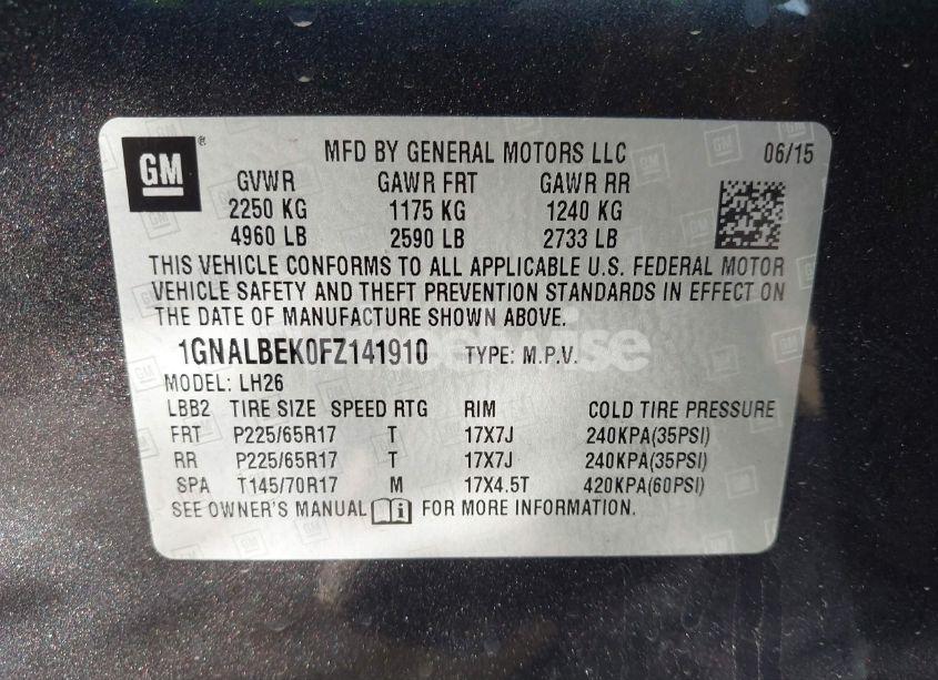 Photo 9 of 2015 Chevrolet Equinox 1LT (VIN 1GNALBEK0FZ141910)