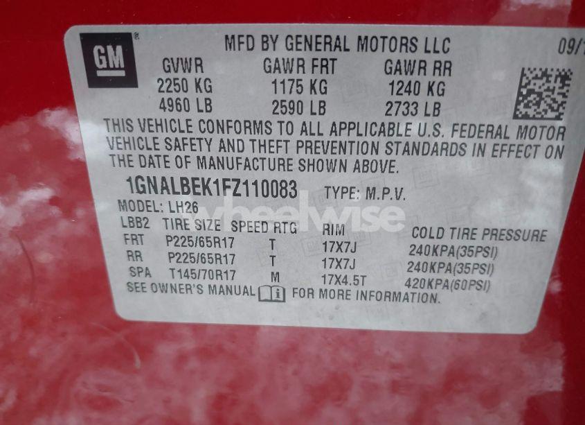 Photo 9 of 2015 Chevrolet Equinox 1LT (VIN 1GNALBEK1FZ110083)