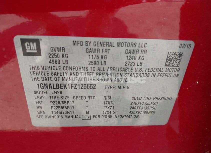 Photo 9 of 2015 Chevrolet Equinox 1LT (VIN 1GNALBEK1FZ125652)