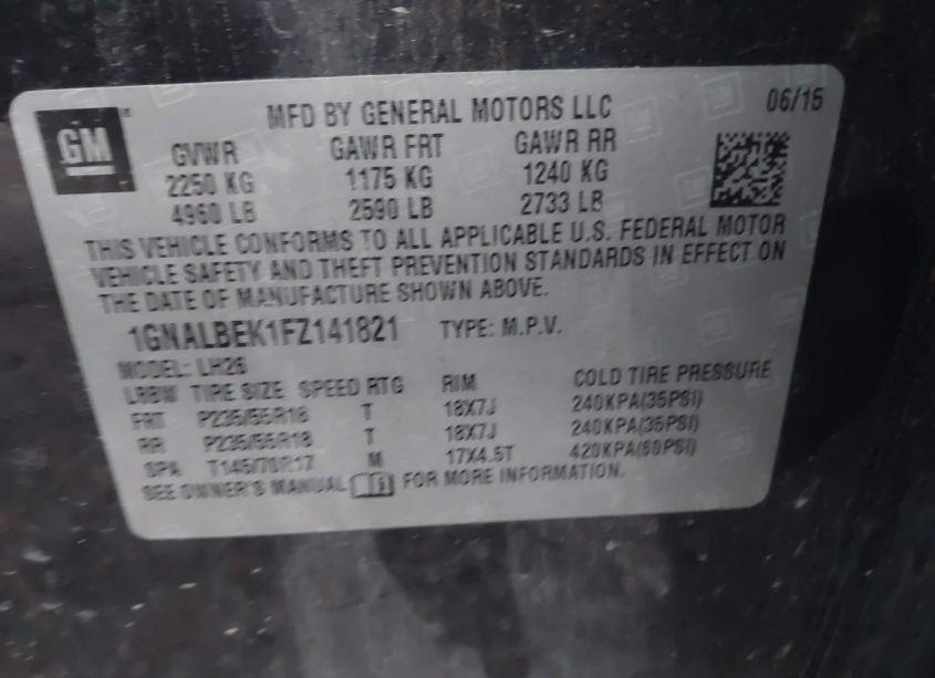 Photo 9 of 2015 Chevrolet Equinox 1LT (VIN 1GNALBEK1FZ141821)