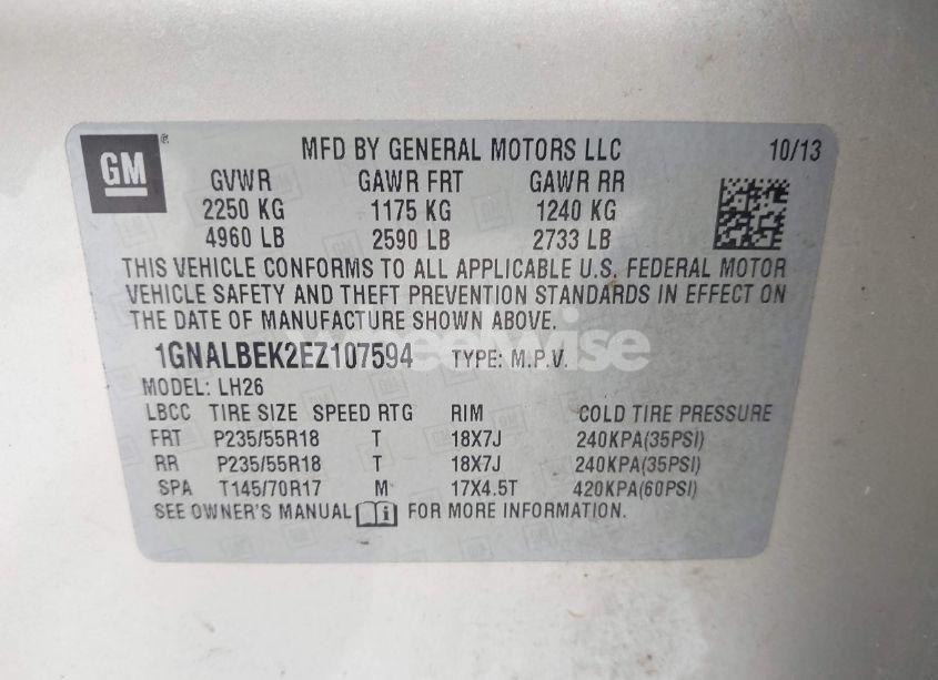 Photo 9 of 2014 Chevrolet Equinox 1LT (VIN 1GNALBEK2EZ107594)