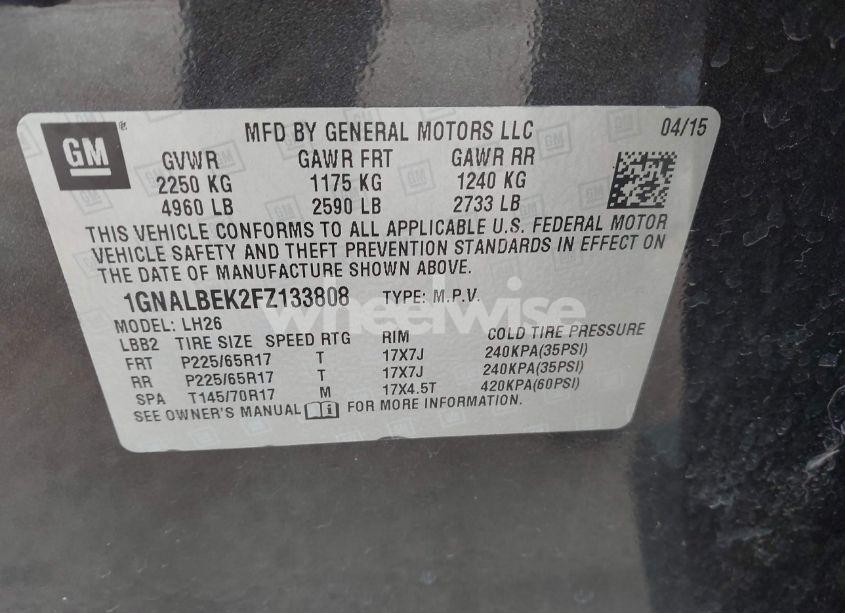 Photo 9 of 2015 Chevrolet Equinox 1LT (VIN 1GNALBEK2FZ133808)