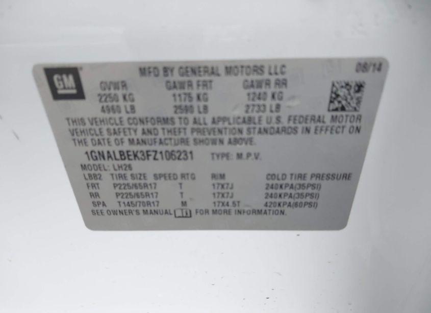 Photo 9 of 2015 Chevrolet Equinox 1LT (VIN 1GNALBEK3FZ106231)