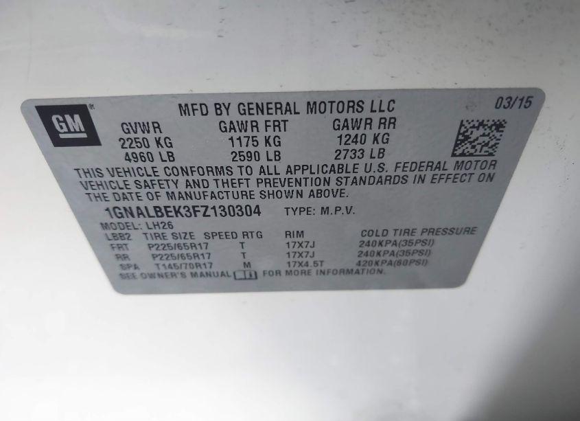 Photo 9 of 2015 Chevrolet Equinox 1LT (VIN 1GNALBEK3FZ130304)