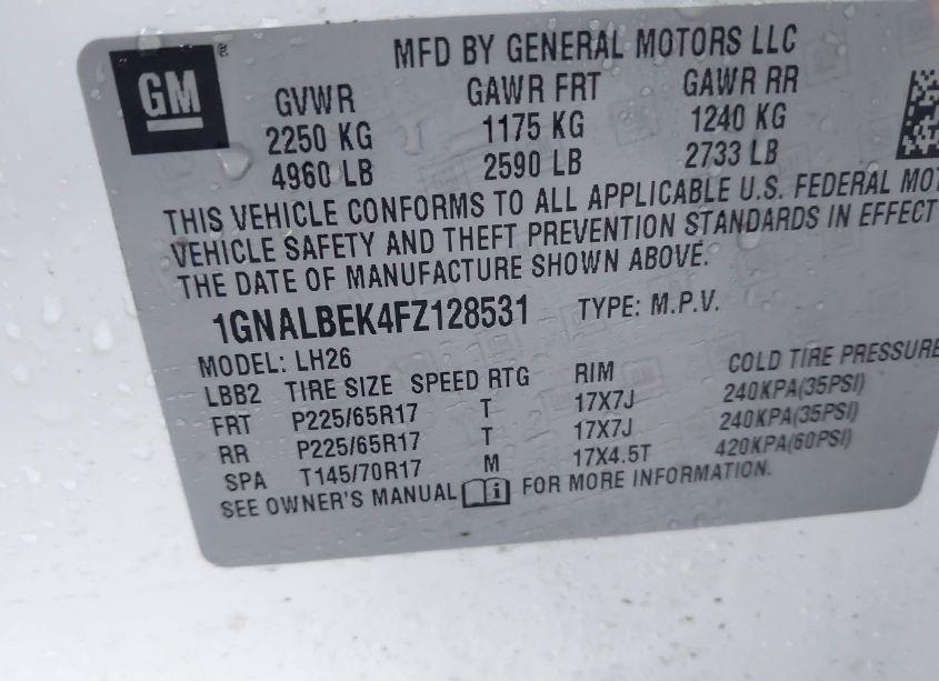 Photo 9 of 2015 Chevrolet Equinox 1LT (VIN 1GNALBEK4FZ128531)