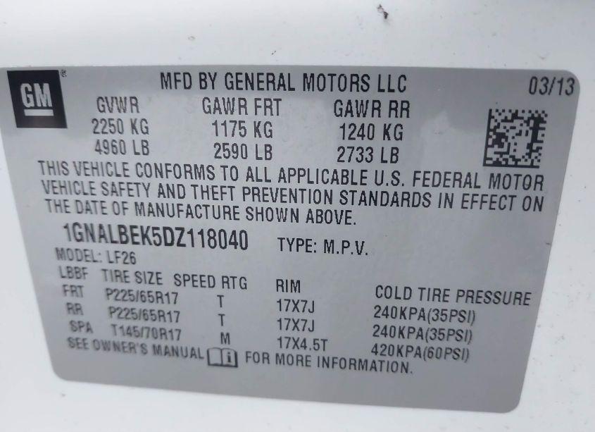 Photo 9 of 2013 Chevrolet Equinox LS (VIN 1GNALBEK5DZ118040)