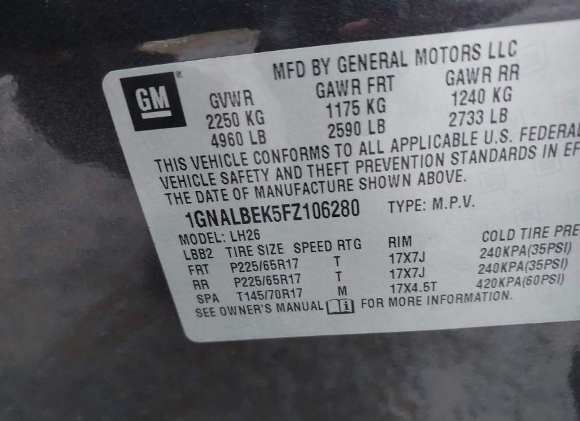 Photo 9 of 2015 Chevrolet Equinox 1LT (VIN 1GNALBEK5FZ106280)