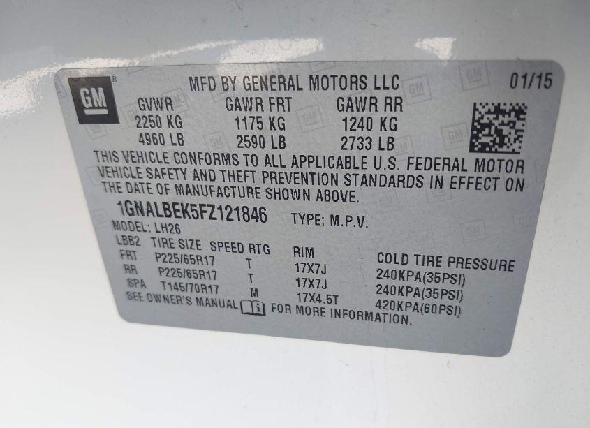 Photo 9 of 2015 Chevrolet Equinox 1LT (VIN 1GNALBEK5FZ121846)