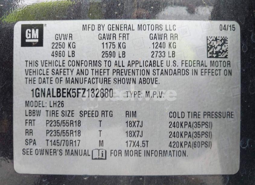 Photo 9 of 2015 Chevrolet Equinox 1LT (VIN 1GNALBEK5FZ132880)