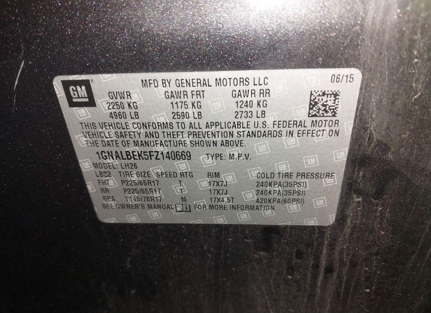 Photo 9 of 2015 Chevrolet Equinox 1LT (VIN 1GNALBEK5FZ140669)