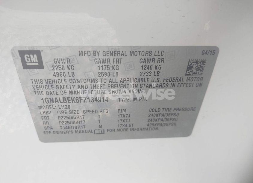 Photo 9 of 2015 Chevrolet Equinox 1LT (VIN 1GNALBEK6FZ134914)