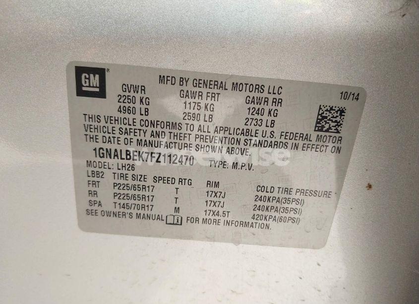 Photo 9 of 2015 Chevrolet Equinox 1LT (VIN 1GNALBEK7FZ112470)