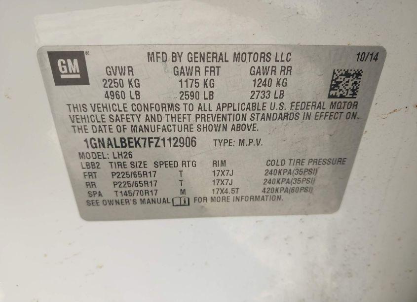 Photo 9 of 2015 Chevrolet Equinox 1LT (VIN 1GNALBEK7FZ112906)