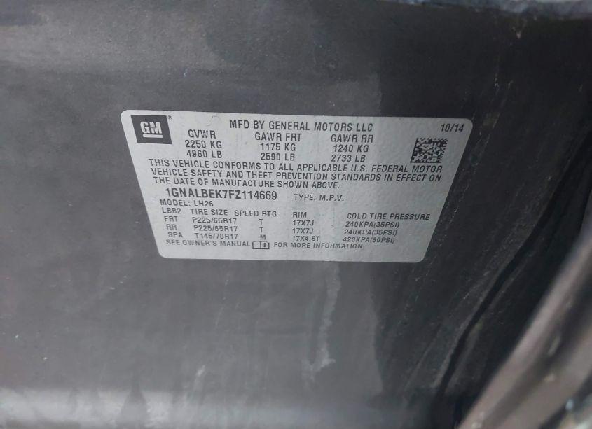 Photo 9 of 2015 Chevrolet Equinox 1LT (VIN 1GNALBEK7FZ114669)