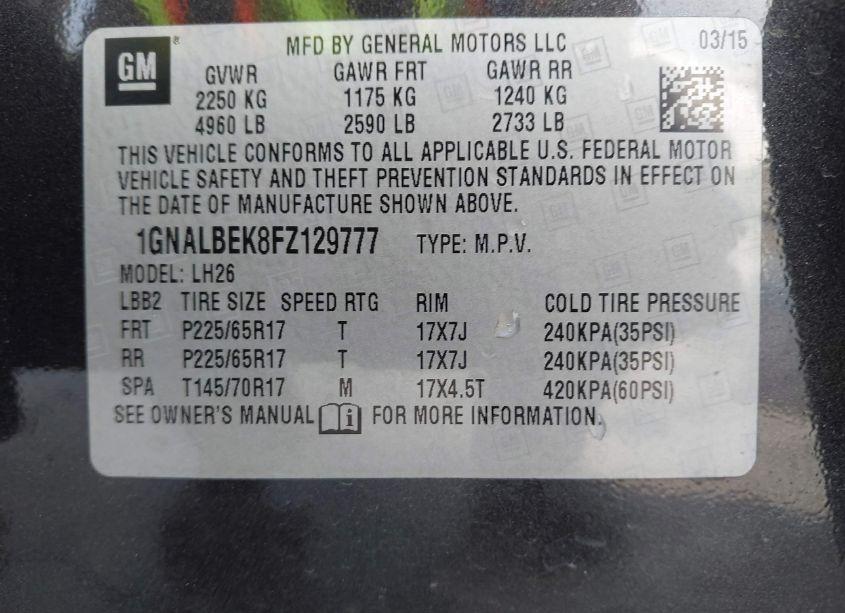 Photo 9 of 2015 Chevrolet Equinox 1LT (VIN 1GNALBEK8FZ129777)