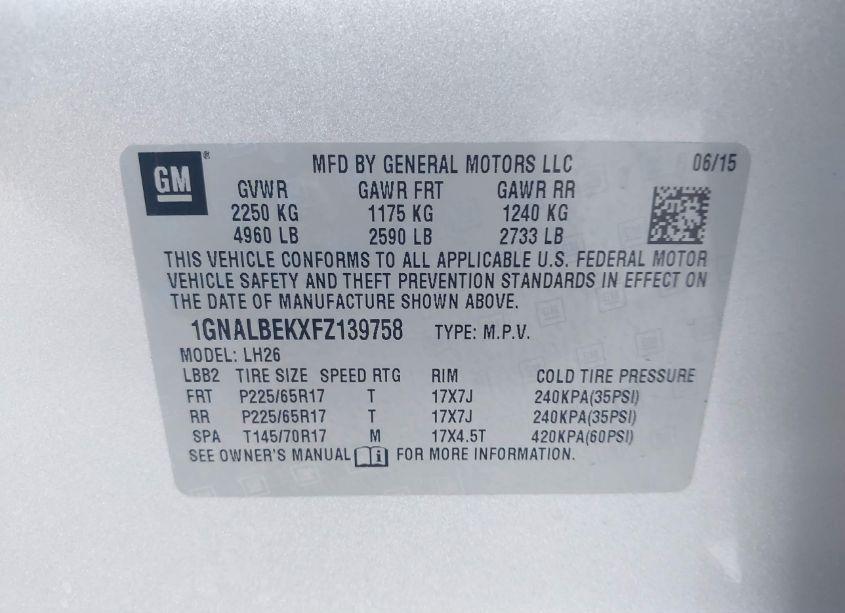 Photo 9 of 2015 Chevrolet Equinox 1LT (VIN 1GNALBEKXFZ139758)