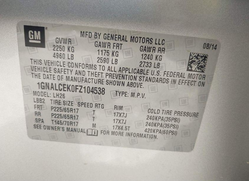 Photo 9 of 2015 Chevrolet Equinox 2LT (VIN 1GNALCEK0FZ104538)