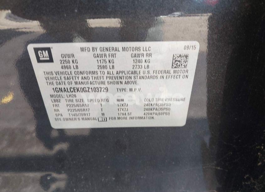 Photo 9 of 2016 Chevrolet Equinox LT (VIN 1GNALCEK0GZ103729)