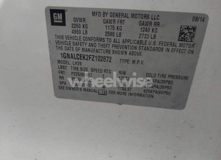 Photo 9 of 2015 Chevrolet Equinox 2LT (VIN 1GNALCEK2FZ102872)