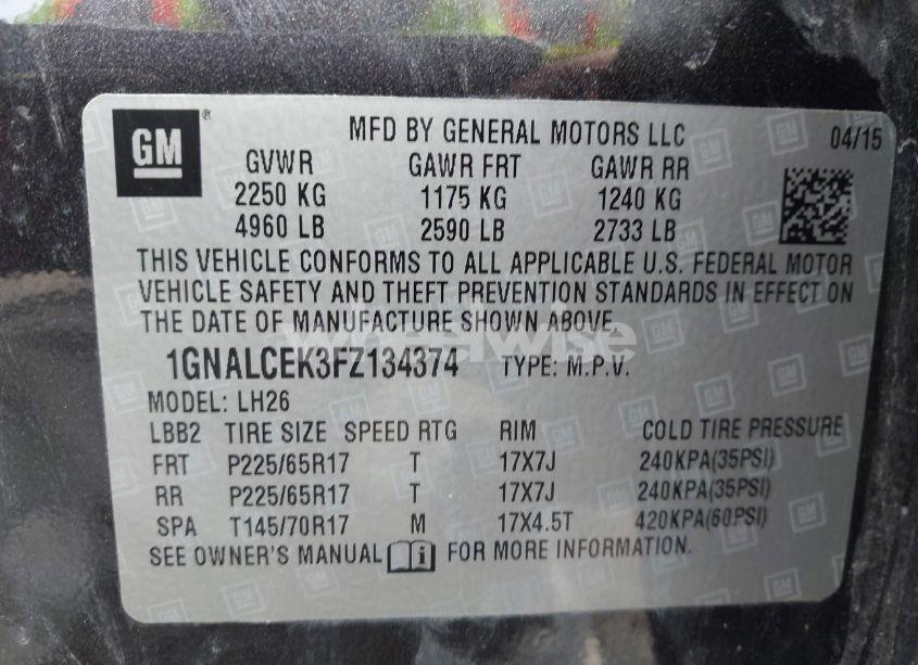 Photo 9 of 2015 Chevrolet Equinox 2LT (VIN 1GNALCEK3FZ134374)