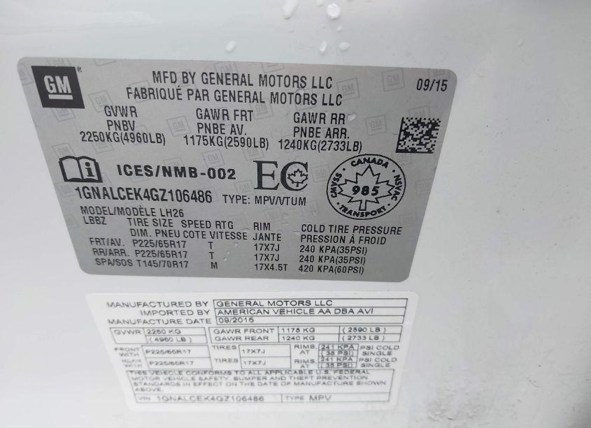 Photo 9 of 2016 Chevrolet Equinox LT (VIN 1GNALCEK4GZ106486)