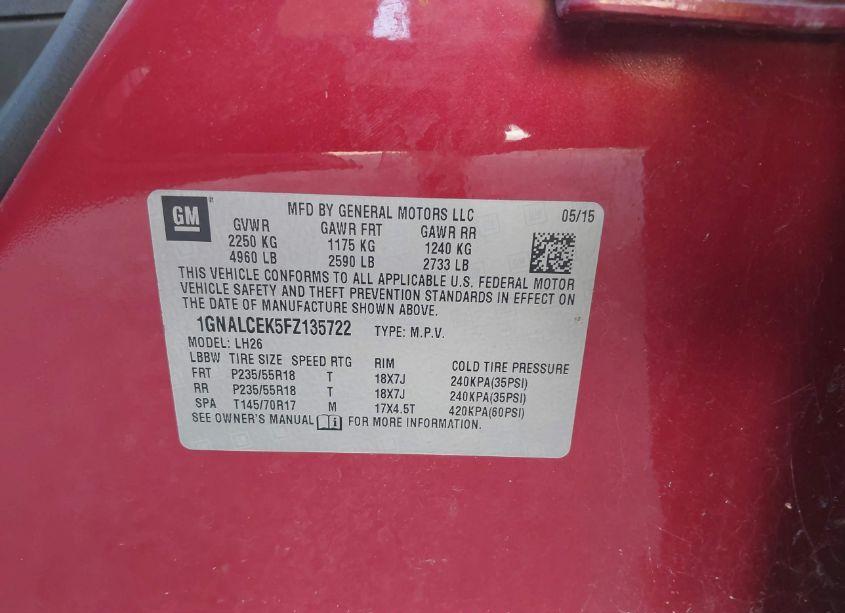 Photo 9 of 2015 Chevrolet Equinox 2LT (VIN 1GNALCEK5FZ135722)