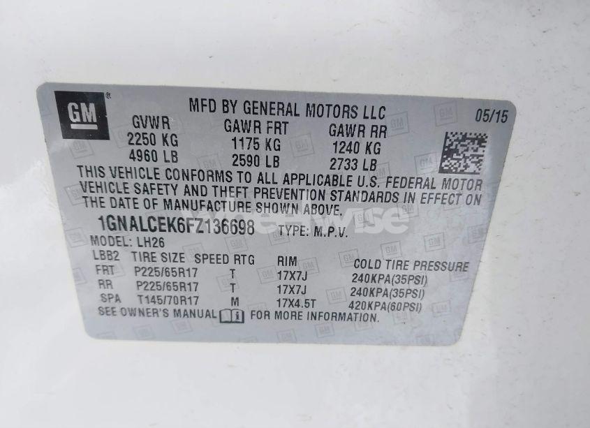 Photo 9 of 2015 Chevrolet Equinox 2LT (VIN 1GNALCEK6FZ136698)