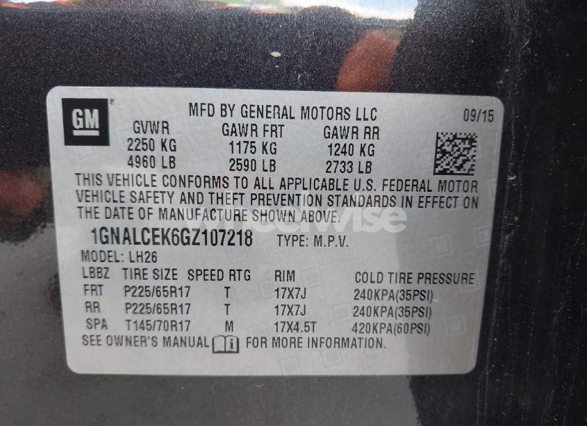 Photo 9 of 2016 Chevrolet Equinox LT (VIN 1GNALCEK6GZ107218)