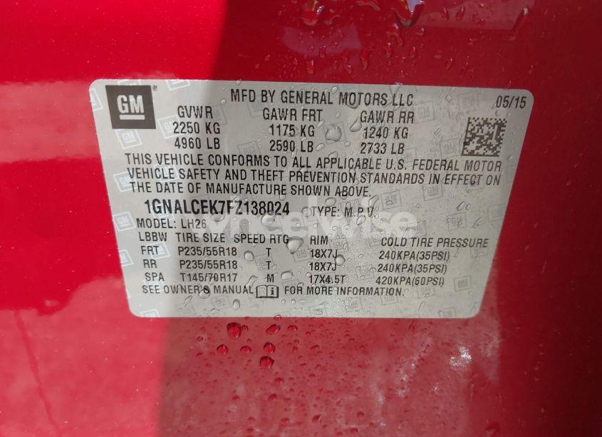 Photo 9 of 2015 Chevrolet Equinox 2LT (VIN 1GNALCEK7FZ138024)