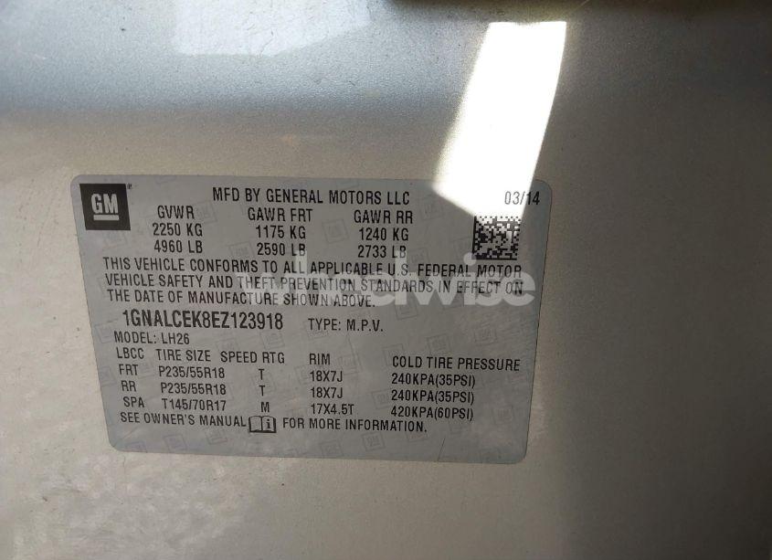 Photo 9 of 2014 Chevrolet Equinox 2LT (VIN 1GNALCEK8EZ123918)