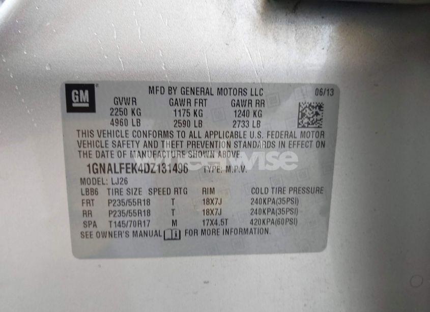 Photo 9 of 2013 Chevrolet Equinox LTZ (VIN 1GNALFEK4DZ131496)