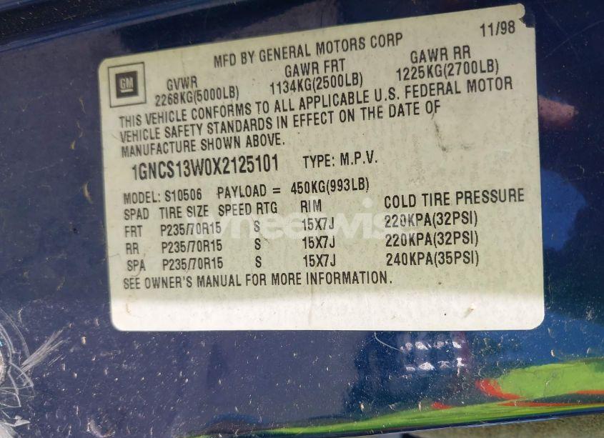 Photo 9 of 1999 Chevrolet Blazer LS (VIN 1GNCS13W0X2125101)