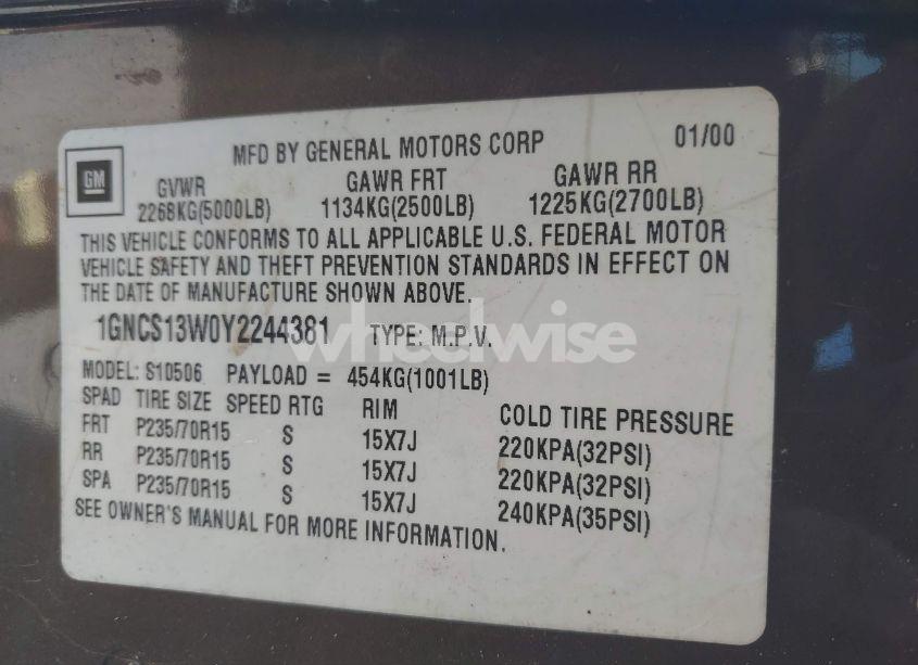 Photo 9 of 2000 Chevrolet Blazer (VIN 1GNCS13W0Y2244381)