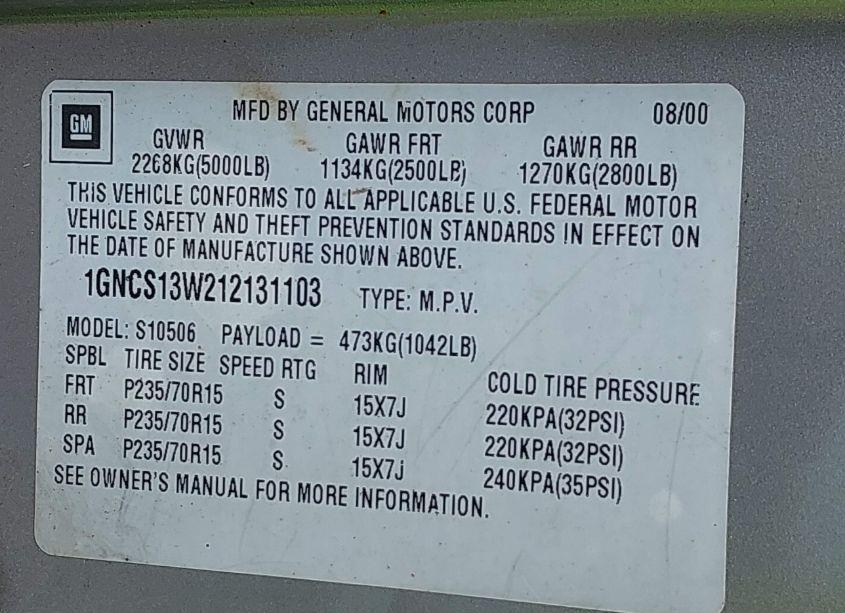 Photo 9 of 2001 Chevrolet Blazer LS (VIN 1GNCS13W212131103)