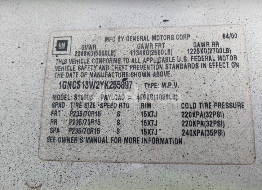 Photo 9 of 2000 Chevrolet Blazer LS (VIN 1GNCS13W2YK255897)