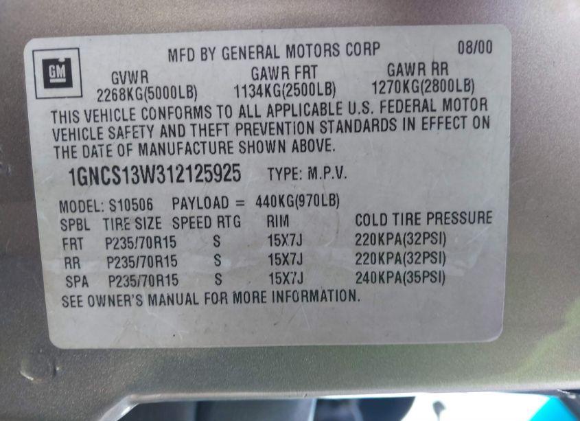 Photo 9 of 2001 Chevrolet Blazer LT (VIN 1GNCS13W312125925)