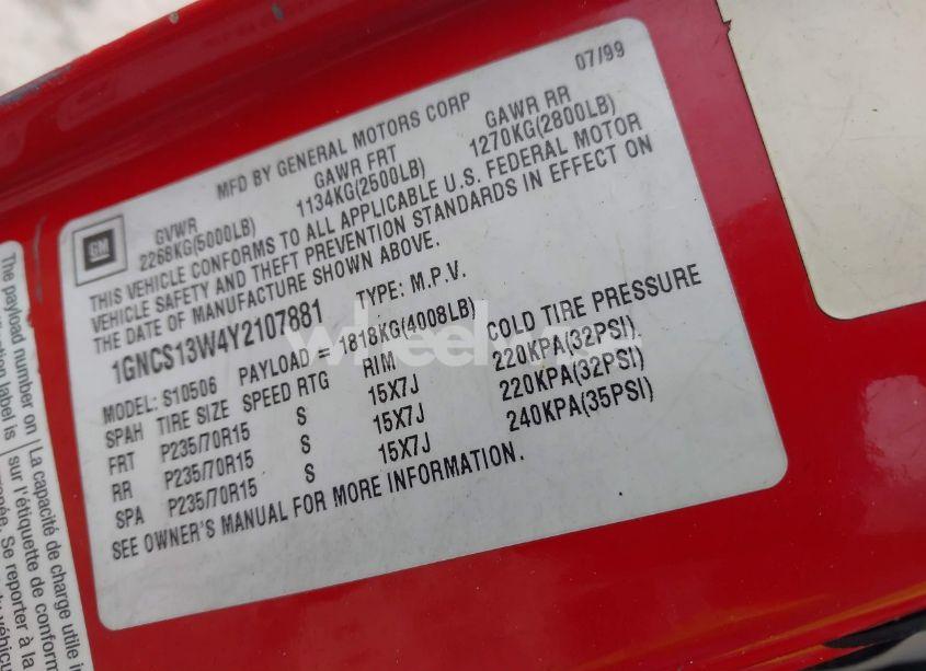 Photo 9 of 2000 Chevrolet Blazer LT (VIN 1GNCS13W4Y2107881)